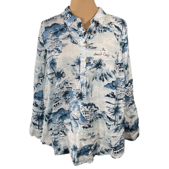 New Cynthia Rowley Linen Top Blouse Size 1X Vacation Beach Blue White - Picture 1 of 8